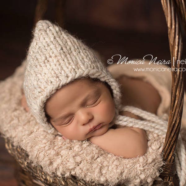 Newborn Pixie Bonnet Pattern, Baby Hat Easy Knitting Pattern, Knit Newborn Photo Prop Simple Beginner Tutorial