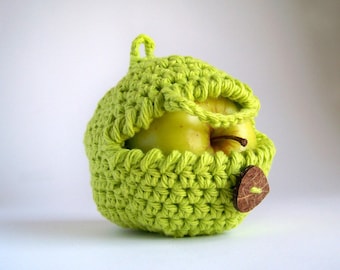 Neon Green Crochet Apple Cozy, Cotton Fruit Snack Bag, Bright Vegan Fitness Eco Friendly Gifts Under 20
