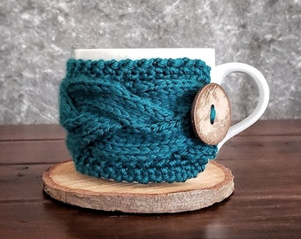 Teal Coffee Mug Cozy, Cable Knit Tea Cup Warmer, Hot Drink Sweater, Blue Green Sustainable Kitchen Gifts for Mother Father In Law Gemini