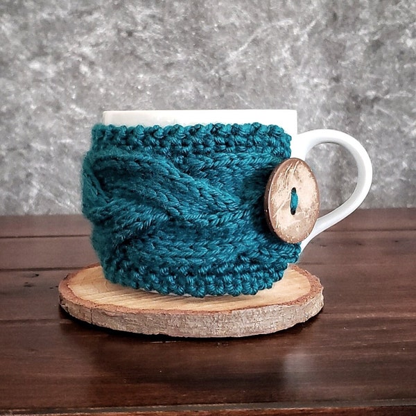 Teal Coffee Mug Cozy, Cable Knit Tea Cup Warmer, Hot Drink Sweater, Blue Green Sustainable Kitchen Gifts for Mother Father In Law Gemini