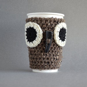 Crochet Owl Coffee Cozy, Reusable Cup Sleeve, Brown Mug Sweater Warmer, Rustic Gifts Under 25 image 2