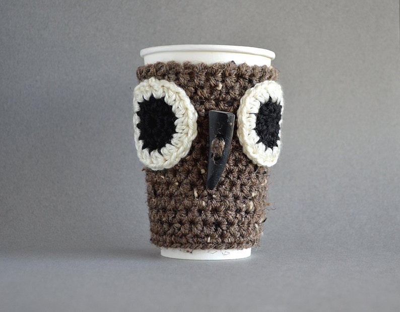 Crochet Owl Coffee Cozy, Reusable Cup Sleeve, Brown Mug Sweater Warmer, Rustic Gifts Under 25 image 2