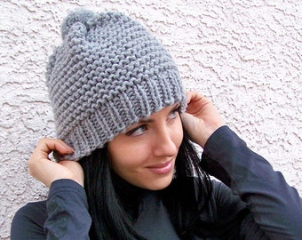 Knit Hat Pattern, Simple Chunky Knitting Pattern, Easy Pom Pom Beanie for Women Men