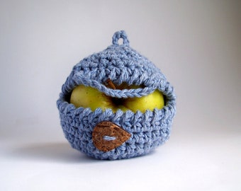 Crochet Apple Cozy, Denim Blue Cotton Snack Bag, Vegan Eco Friendly Gift for Men Boyfriend, Zero Waste Sustainable Present