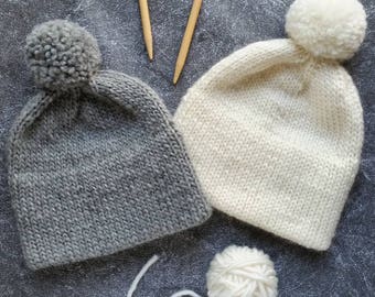 Knit Hat Pattern, Double Brim Hat Knitting Pattern, Chunky Winter Pom Pom Beanie, Easy Gifts for Knitters