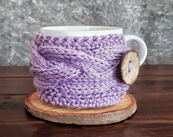 Lavender Coffee Mug Cozy, Knit Tea Cup Sleeve, Romantic Pastel Pink Lilac Present, Mom Grandma Aunt Sister Gift, Cottagecore Kitchen Decor