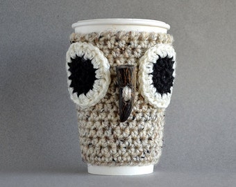 Crochet Owl Coffee Sleeve, Rustic Tea Cup Cozy, Reusable Mug Warmer Sweater, To Go Hot Drink Cover, Graduation Gifts Taurus