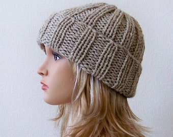 Knit Hat Pattern, Easy Rib Hat Knitting Pattern, Beginner Winter Beanie Tutorial, Chunky Brim Skullcap