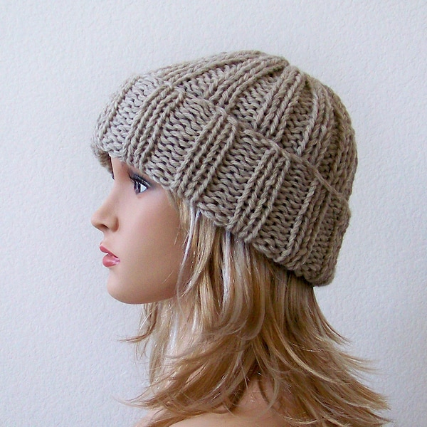 Knit Hat Pattern, Easy Rib Hat Knitting Pattern, Beginner Winter Beanie Tutorial, Chunky Brim Skullcap