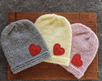 Knit Newborn Hat with Red Heart Applique, Pink White Gray Infant Boy Girl Beanie, Triplets Coming Home Outfits,  Baby Shower Gift