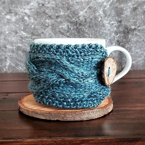 Teal Coffee Mug Cozy, Knit Cup Sleeve, Tea Lover Gift, Blue Turquoise Introvert Friend Present, Ready to Ship image 1