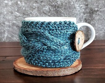 Teal Coffee Mug Cozy, Knit Cup Sleeve, Tea Lover Gift, Blue Turquoise Introvert Friend Present, Ready to Ship