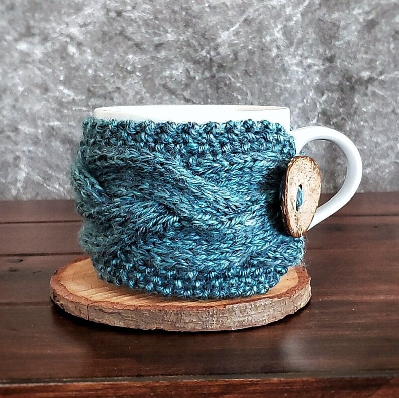 Teal Coffee Mug Cozy, Knit Cup Sleeve, Tea Lover Gift, Blue Turquoise Introvert Friend Present, Ready to Ship image 1