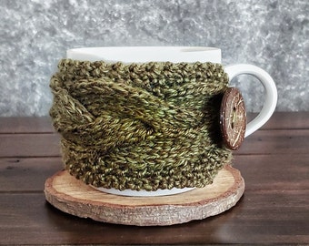 Hand Knit Coffee Cup Cozy, Green Mug Sleeve Warmer, Rustic Fall Tea Lover Gift Under 20