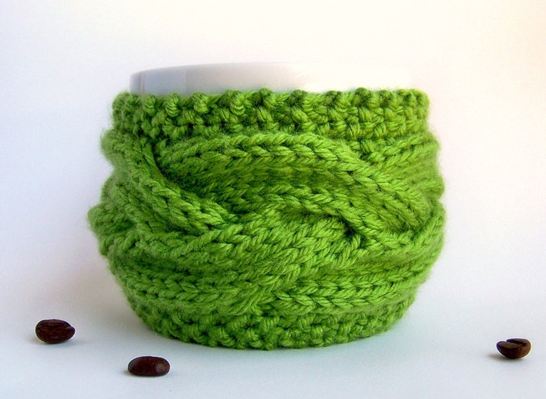 Green Coffee Mug Cozy, Cable Knit Cup Sleeve, Reusable Eco Friendly Gifts Under 20 25, Kitchen Decor Taurus image 3
