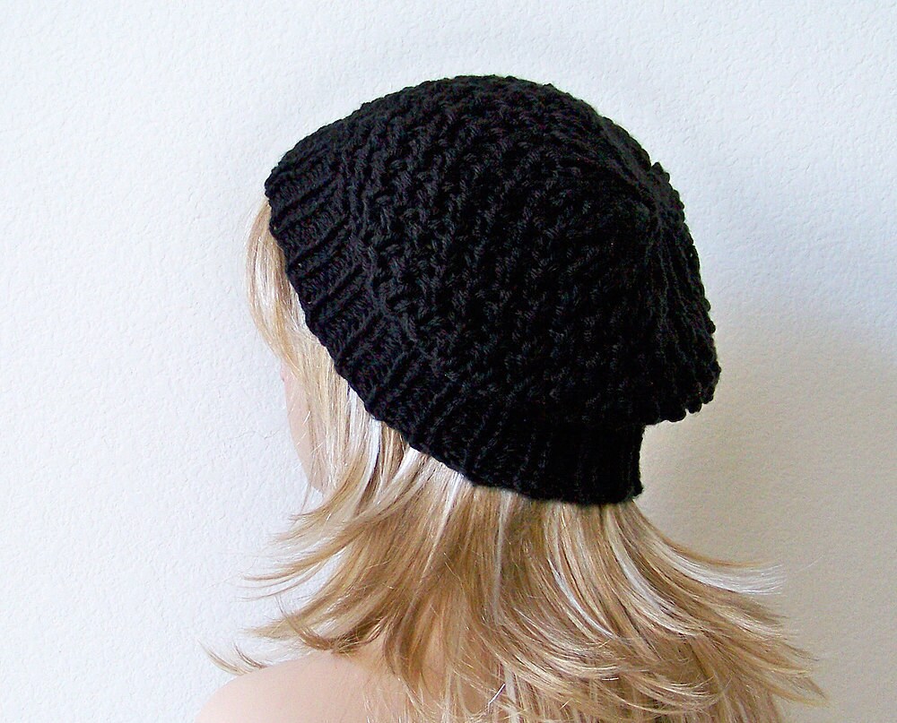 Black Knit Hat Black Knit Beanie Hat Black Slouchy Beanie Etsy