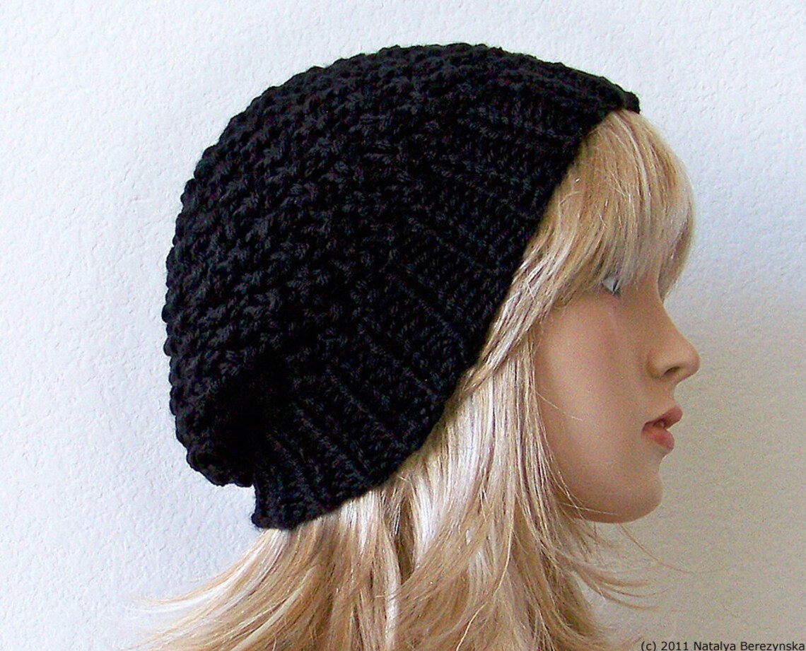 Black Knit Hat Black Knit Beanie Hat Black Slouchy Beanie Etsy
