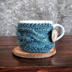 Teal Coffee Mug Cozy, Knit Cup Sleeve, Tea Lover Gift, Blue Turquoise Introvert Friend Present, Ready to Ship image 2