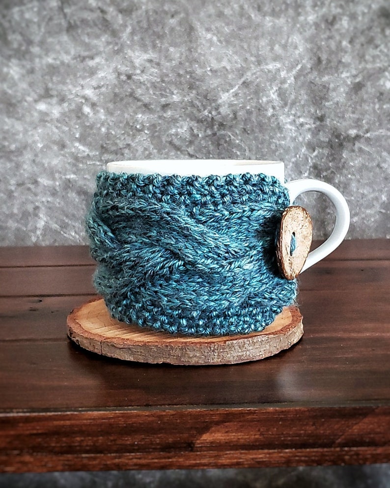 Teal Coffee Mug Cozy, Knit Cup Sleeve, Tea Lover Gift, Blue Turquoise Introvert Friend Present, Ready to Ship image 2