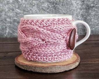 Pink Coffee Mug Cozy, Cable Knit Tea Cup Sleeve, Romantic Cottagecore Kitchen Decor, Gift for Mother in Law Grandma Sister Girlfriend Gemini