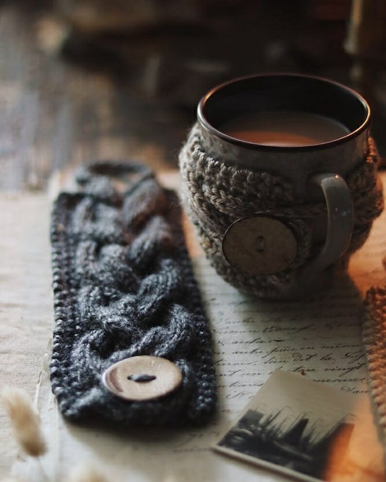 Knit Coffee Cup Cozy, Cable Mug Warmer Sweater Sleeve, Last Minute Gift for Men Him Dad, Charcoal Black Gray Father's Day Gift image 4