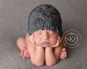 Newborn Boy Beanie Hat, Cable Knit Photography Prop, Coming Home Outfit, Baby Shower Gift, 0-3 Month Twins