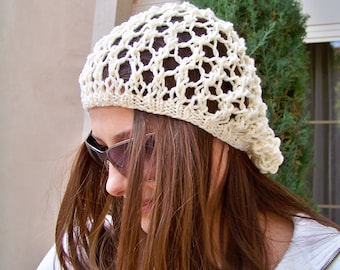 Knit Hat Pattern, Easy Hat Knitting Pattern, Slouchy Beanie Beret, Spring Summer Lace Fishnet