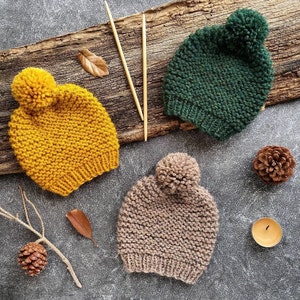 ポンポン帽子の編み図、簡単なビーニーの編み方チュートリアル、新生児・幼児・子供・大人向け