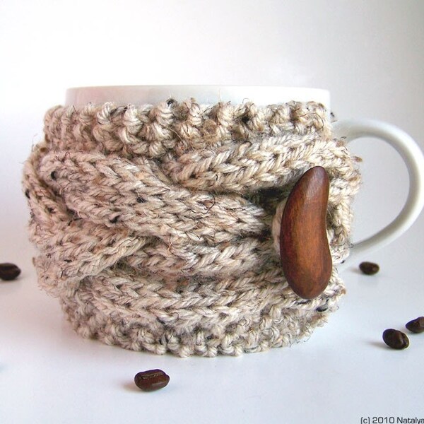 Oatmeal Cup Cozy, Beige Mug Sleeve, Coffee Tea, Acorn Camel Linen Eco Vegan, Knitted Cabled