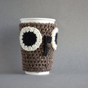 Crochet Owl Coffee Cozy, Reusable Cup Sleeve, Brown Mug Sweater Warmer, Rustic Gifts Under 25 image 3