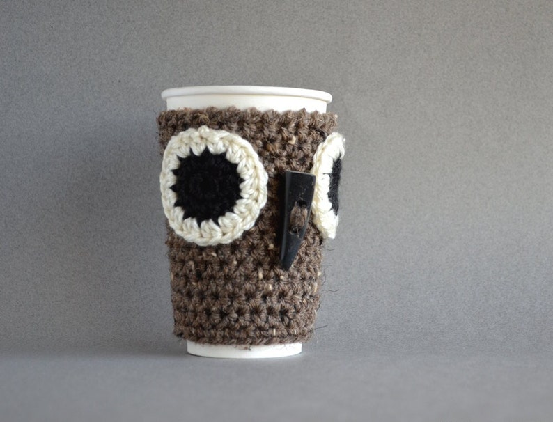 Crochet Owl Coffee Cozy, Reusable Cup Sleeve, Brown Mug Sweater Warmer, Rustic Gifts Under 25 image 3