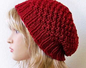 Easy Slouchy Hat Knitting Pattern, Knit Slouch Beanie Tutorial, Chunky Rib Moss Stitch PDF