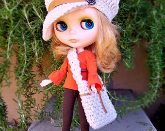 Modello per cappello e borsa all'uncinetto per bambola Blythe, mini berretto da giornalaio in PDF, tutorial all'uncinetto facile