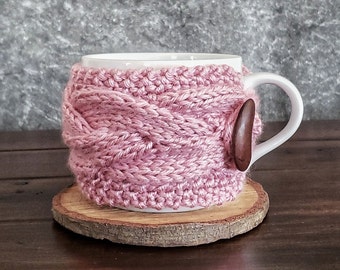 Pink Coffee Mug Cozy, Knit Tea Cup Sleeve, Romantic Girlfriend, Mother's Day Gift, Easter Kitchen Decor