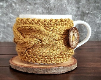 Cable Knit Cup Cozy, Chunky Coffee Mug Warmer Sweater, Pumpkin Honey Yellow, Divorced New Chapter Handmade Gift