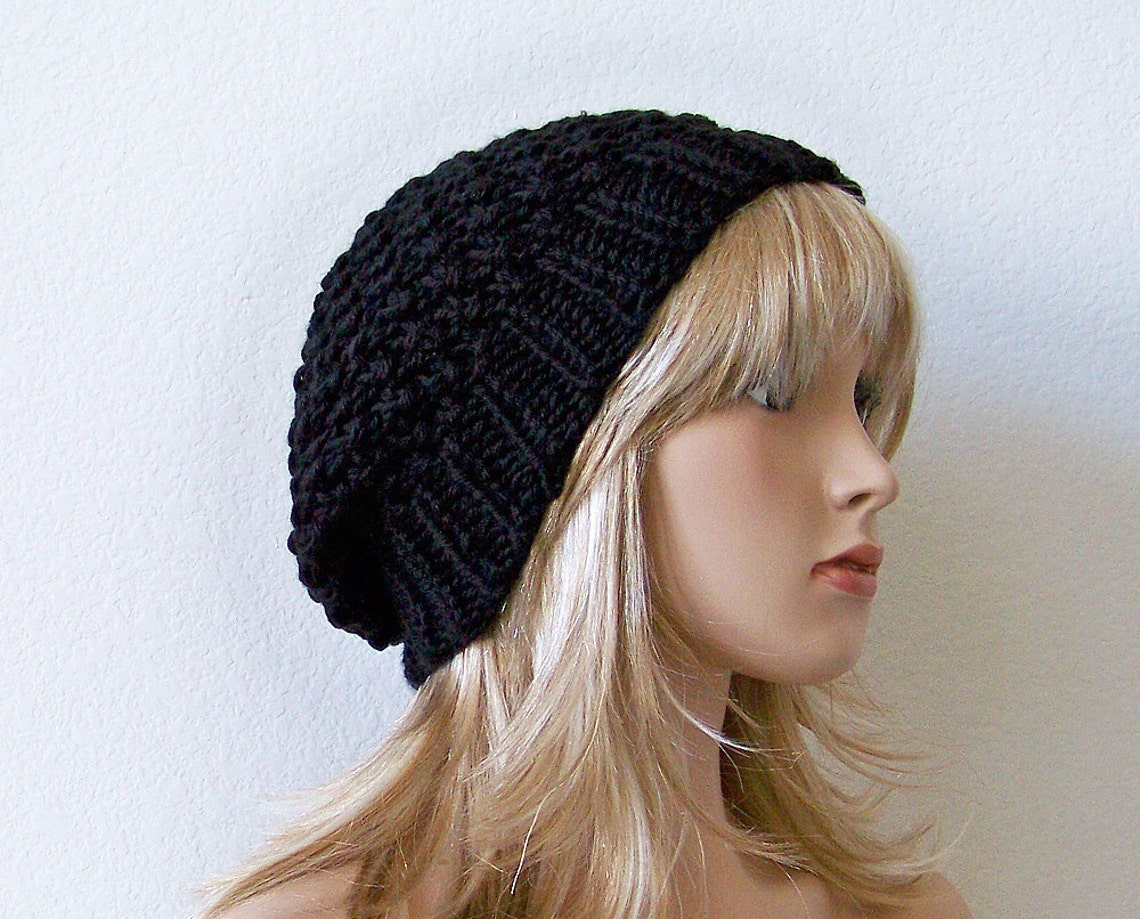 Black Knit Hat Black Knit Beanie Hat Black Slouchy Beanie Etsy