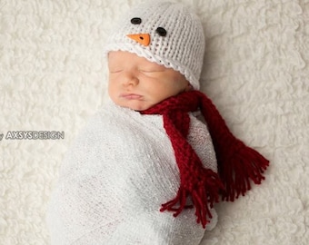 Knit Newborn Snowman Hat Scarf Cocoon Knitting Pattern, Christmas Baby Swaddle Sack Outfit, 0-3 3-6 6-12 Month Toddler Photography Prop