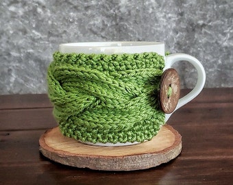 Green Cup Cozy, Chunky Knit Coffee Mug Sweater, Reusable Coffee Sleeve, Bright Kitchen Decor, Eco Friendly Vegan Gifts