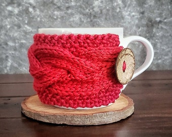 Cable Knit Coffee Cup Cozy, Red Mug Sleeve Warmer, Ready To Ship Gift Under 20 25  for Mother Sister In Law