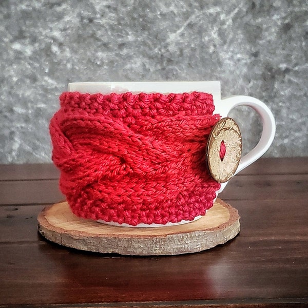 Cable Knit Coffee Cup Cozy, Red Mug Sleeve Warmer, Ready To Ship Gift Under 20 25  for Mother Sister In Law