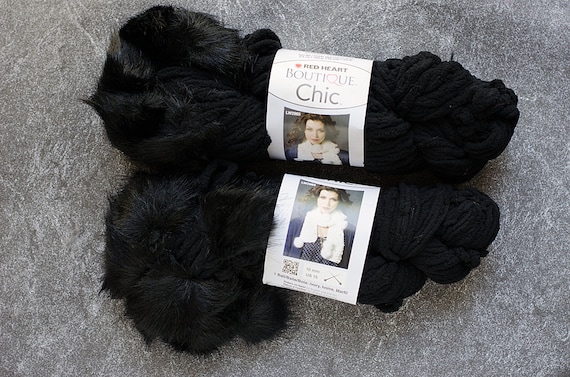 Black Yarn Destash, 2 Skeins, Bulky Faux Fur Pom, Acrylic Vegan