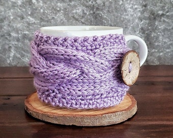 Cottagecore Knit Cup Cozy, Purple Coffee Mug Sleeve Cover, Reusable Tea Warmer, Romantic Lilac Gift for Mom Grandma Sister Bridesmaid