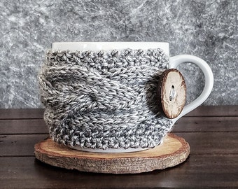 Gray Coffee Mug Sleeve, Cable Knit Cup Cozy, Fathers Day Gift for Him Husband Dad Boyfriend Brother in Law, Eco Friendly Present