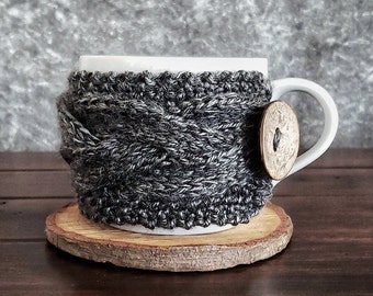 Knit Coffee Cup Cozy, Cable Mug Warmer Sweater Sleeve, Last Minute Gift for Men Him Dad, Charcoal Black Gray  Father's Day Gift