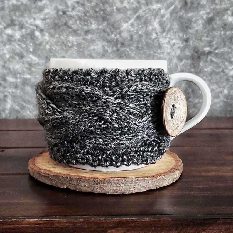 Knit Coffee Cup Cozy, Cable Mug Warmer Sweater Sleeve, Last Minute Gift for Men Him Dad, Charcoal Black Gray Father's Day Gift image 1