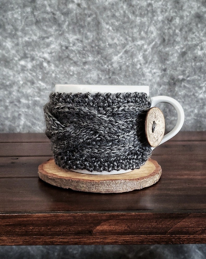 Knit Coffee Cup Cozy, Cable Mug Warmer Sweater Sleeve, Last Minute Gift for Men Him Dad, Charcoal Black Gray Father's Day Gift image 2