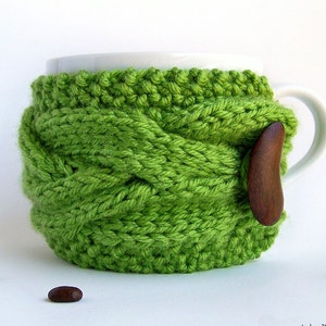 Green Coffee Mug Cozy, Cable Knit Cup Sleeve, Reusable Eco Friendly Gifts Under 20 25, Kitchen Decor Taurus image 2