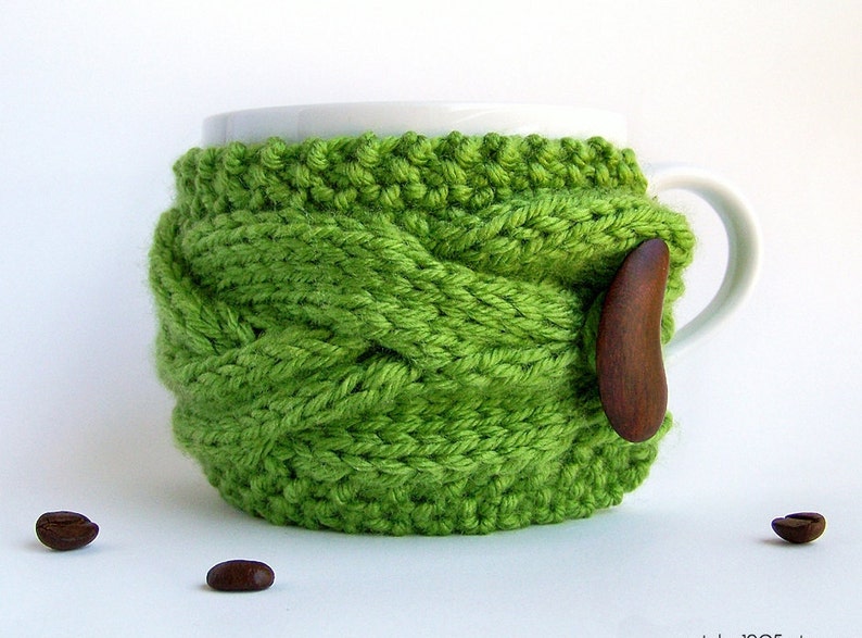 Green Coffee Mug Cozy, Cable Knit Cup Sleeve, Reusable Eco Friendly Gifts Under 20 25, Kitchen Decor Taurus image 2