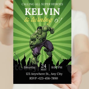 Convites infantis do Hulk Smash Hero | Cartão de aniversário de super-herói editável e imprimível | Download digital de venda rápida para festa de meninos