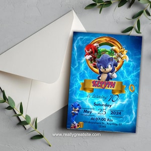 Convite editável do Sonic Hero azul e vermelho | Cartão para festa de aniversário infantil para imprimir | Convite com tema de jogo digital para meninos | Download instantâneo